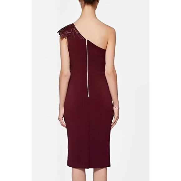 TED BAKER LONDON $350 Burgundy Jalis Lace One Shoulder Dress Ted 3 / US 8 - Picture 2 of 5